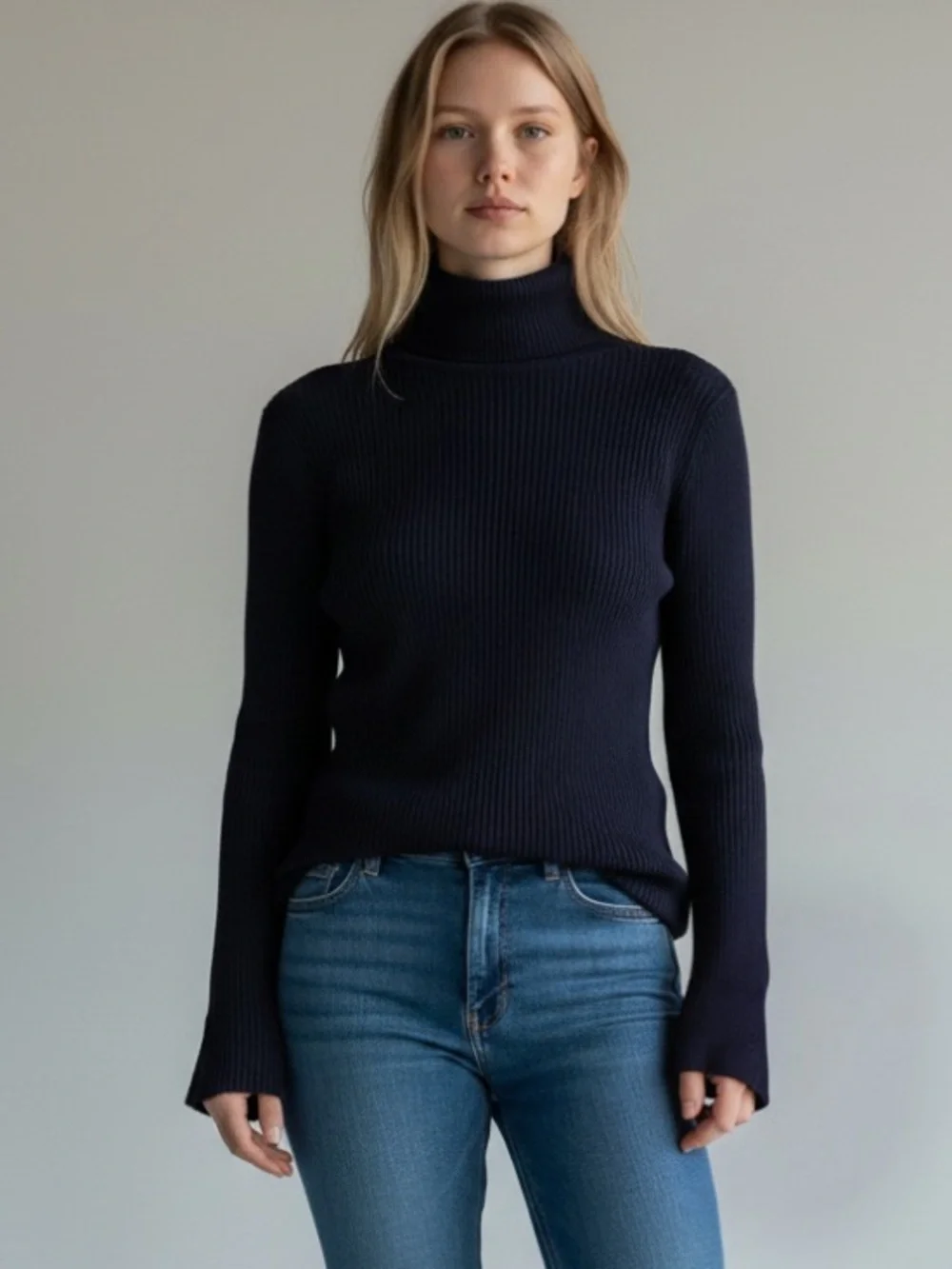Moth Anthropologie Women's Navy Ribbed Turtleneck Sweater with bell sleeves
